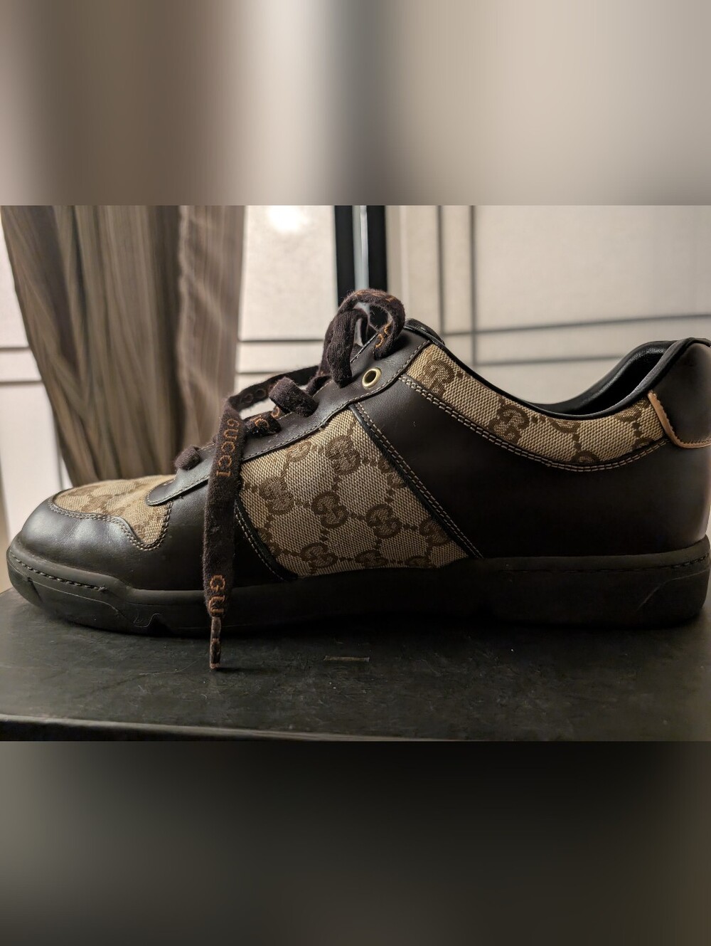 Gucci Men’s Brown GG Canvas & Dark Brown Leather Sneakers with Green-Red Web - Picture 11 of 16